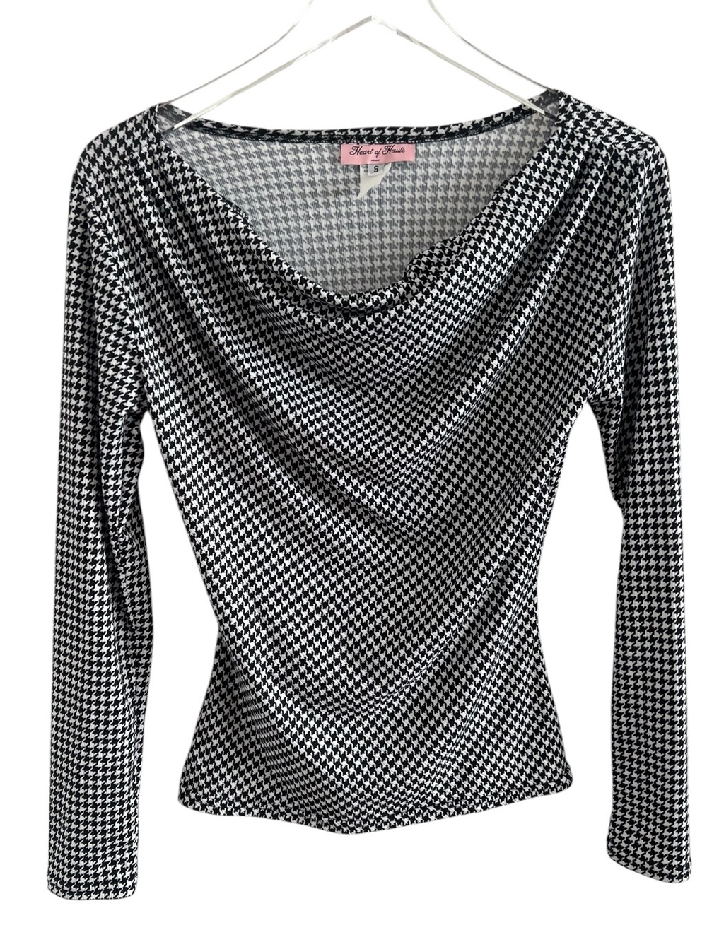 Heart of Haute Black & White Houndstooth Cowl Neck Long Sleeve Top